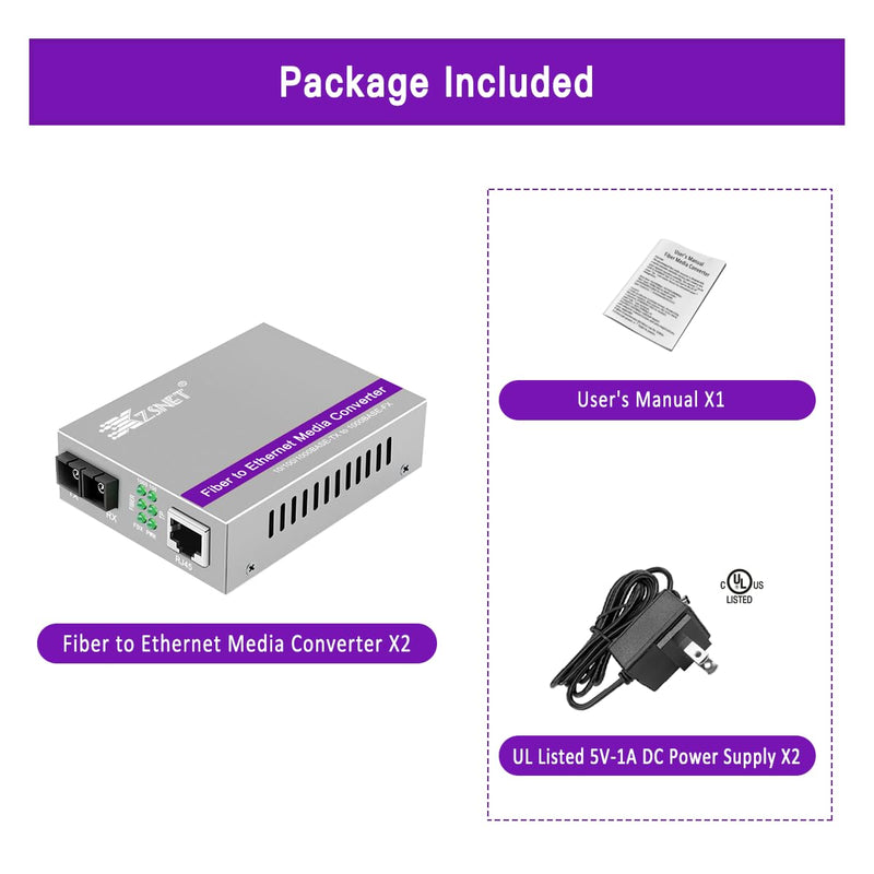 A Pair of Gigabit SC to RJ45 Converter, Single-Mode Fiber to Ethernet Media Converter (Built-in Module, 1310nm, 20km), Plug & Play, 10/100/1000 Base-T Compatible, Auto-Negotiation, Jumbo Frame SingleMode Dual SC:20km