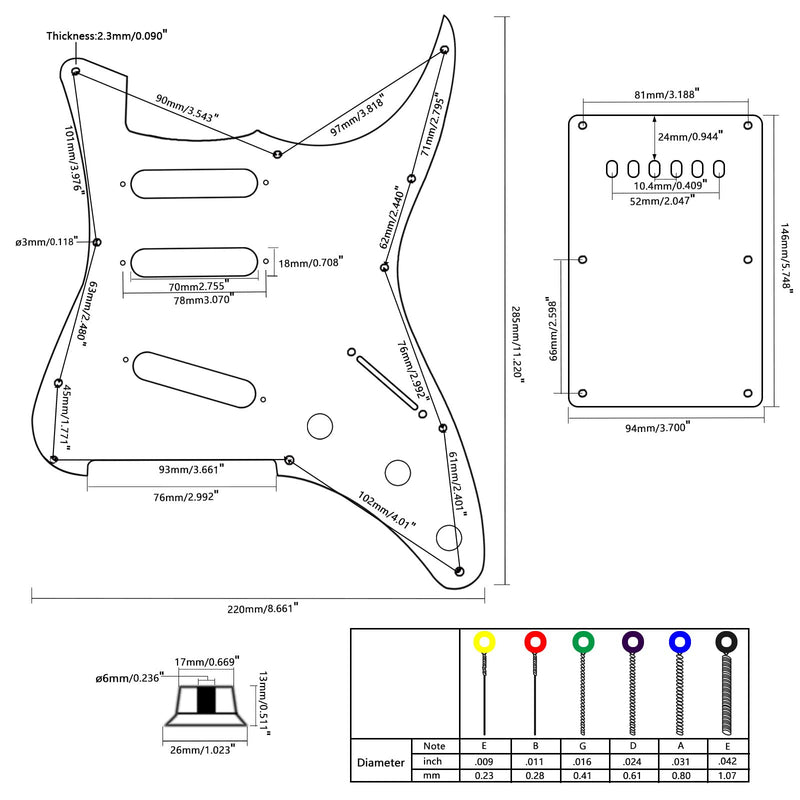 Swhmc SSS 11 Hole Electric Guitar Pickguard ST Backplate Set with Control Knobs, Toggle Switch, Guitar Strings for Fender Stratocaster Strat, Black Pearl Black