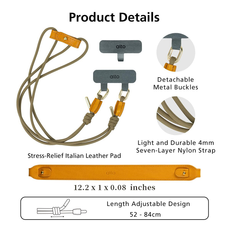 alto Universal Cell Phone Crossbody Lanyard Shoulder Pad Set, Detachable Patch, Adjustable Nylon Strap with Italian Leather Pads for iPhone and Android Full Body Phone Cases (Caramel Brown) Caramel Brown