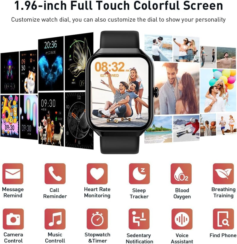 Smart Watch(Answer/Make Call), 1.96" HD Smartwatch for Men Women, 2026 Fitness Watch with 7/24 Heart Rate/Sleep Monitor/30+Day,113+ Sport Modes,IP68 Waterproof Fitness Activity Tracker for Android iOS A-Black