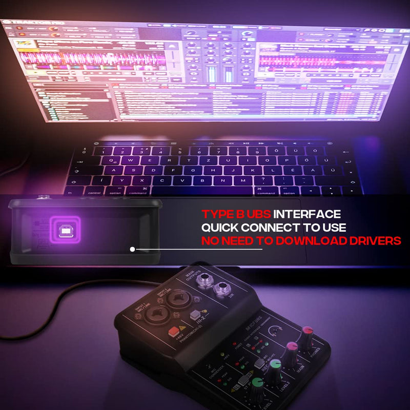 [AUSTRALIA] - Mini 2 channel audio DJ mixer console interface with 48V phantom power Combo Jack Microphone/Guitar XLR+6.35mm, 3.5mm Stereo in, Headphone Jack for studio live show,party recording 