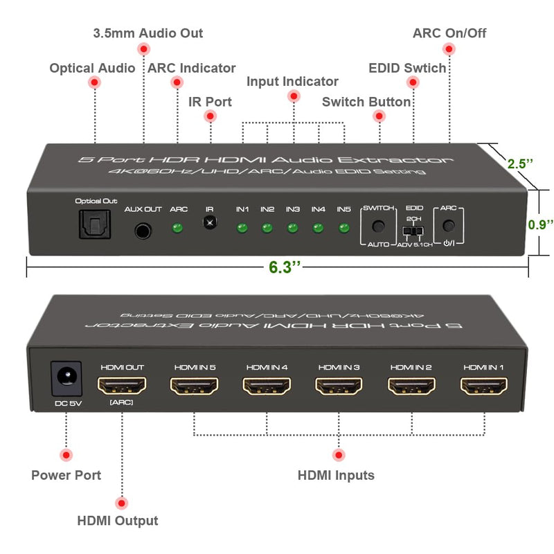 (Upgraded) SkycropHD 5 Port 4K@60Hz HDMI Switch with Optical & 3.5mm AUX Audio Out, 5 in 1 Out HDMI 2.0 Switch Audio Extractor with Remote,Support ARC, HDCP 2.2, HDR10, 18Gbps