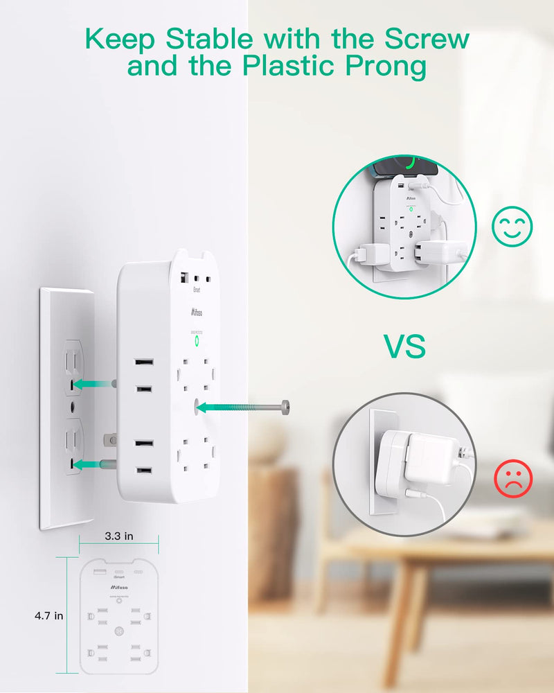 Mifaso Outlet Extender - Wall Surge Protector with 8 Outlets 3 USB 2 USB C, 1 USB A Multi Plug Outlet Splitter, Wall Mount Adapter with Top Phone Holder for Home, School, Office 1800 Joules White - 8 Outlets