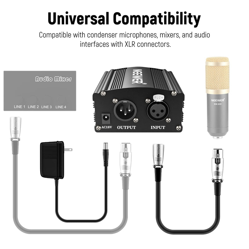 Neewer 1-Channel 48V Phantom Power Supply with Adapter, BONUS+XLR 3 Pin Microphone Cable for Any Condenser Microphone Music Recording Equipment (8 feet) NW-100