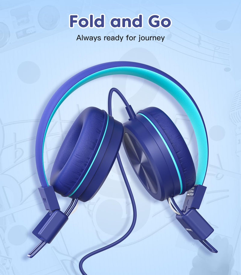 [AUSTRALIA] - Kids Headphones, Toddler Headphones with Safe Volume Limiter 94dB, Wired School Headphones for Kid, 3.5mm Adjustable On-Ear Headphones for Boys/Girls/Children/Teens/iPad/Computer, Dark Blue Plug 3.5mm 