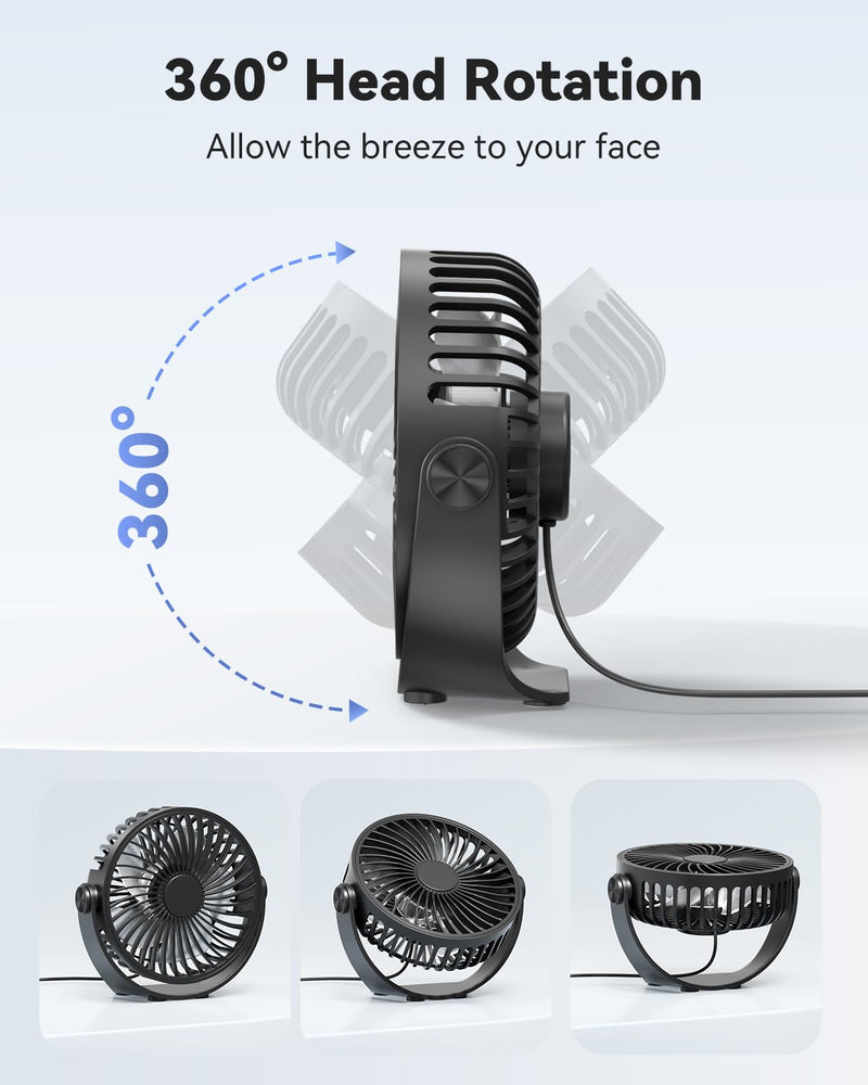 USB Desk Fan, 5 Inch Mini Portable Fan, 3 Speeds Strong Airflow Personal Desktop Fan, Detachable Cooling Fan 360° Rotation Quiet Small Fan for Desk Home Office Travel Car, Black, 5ft Cable