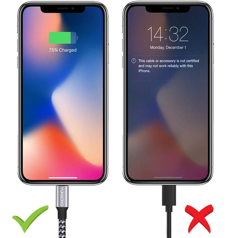 iPhone Charger, YUNSONG 3Pack 6FT Nylon Braided Lightning Cable Fast Charging High Speed Data Sync USB Cord Compatible with iPhone 13 12 11 Pro Max XS XR X 8 7 6S 6 Plus SE 5S Grey