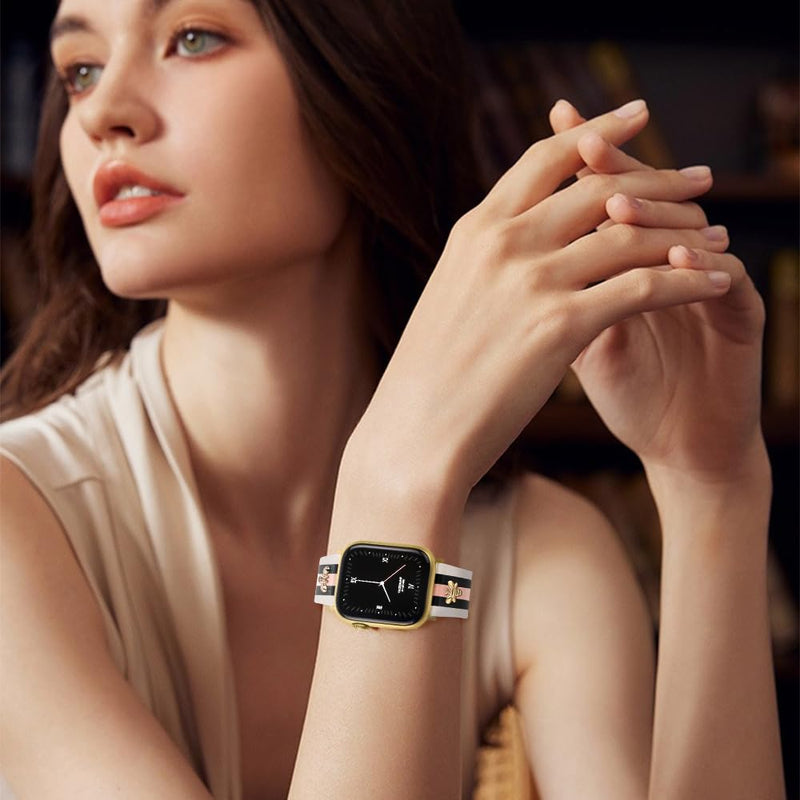 MOINSPIRE Designer Leather Bands with Charms Slim Band and 3Pcs 18k Golden Jewelry Set Bundle Compatible with Apple Watch 38mm 40mm 41mm 42mm 44mm 46mm 45mm 49mm for iWatch Series 11/10/9/8/7/6/5/4/3/