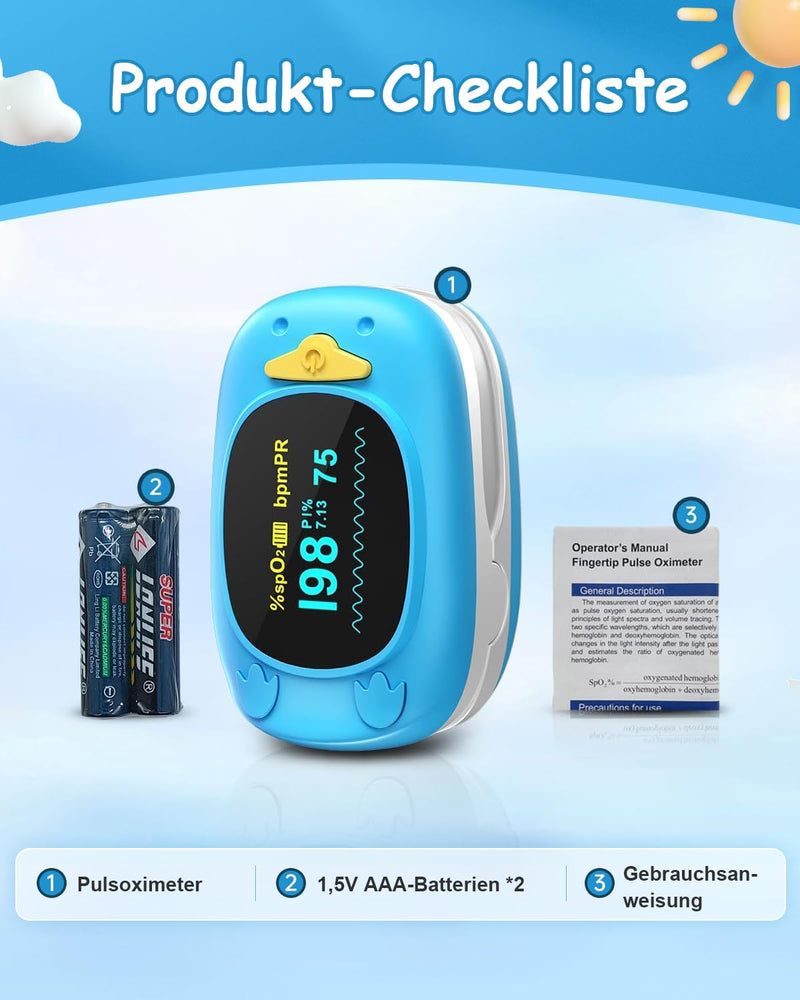 HealthTree Portable Fingertip Blood Oxygen Saturation Monitor, Pediatric Pulse Oximeter with OLED Screen, 2 AAA Batteries Included, Suitable for Baby and Kids Blue