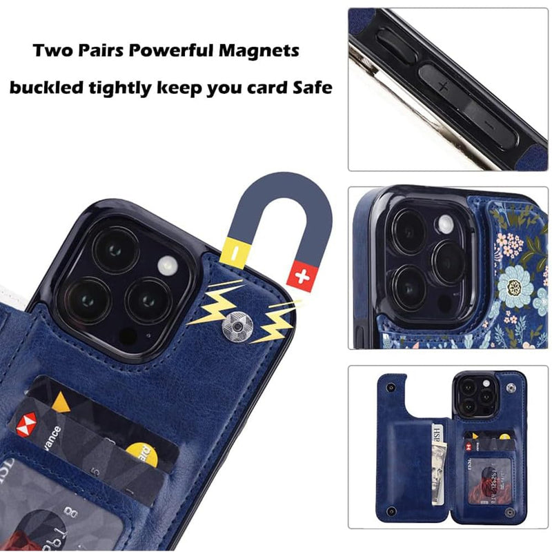 uCOLOR Compatible with iPhone 15 Pro 6.1" Wallet Case with Card Holder Slot Folio Flip PU Leather Kickstand Double Magnetic Clasp and RFID Blocking Design Cover 6.1 Inch (Navy Blue Flowers) Navy Blue Flowers iPhone 15 Pro 6.1"