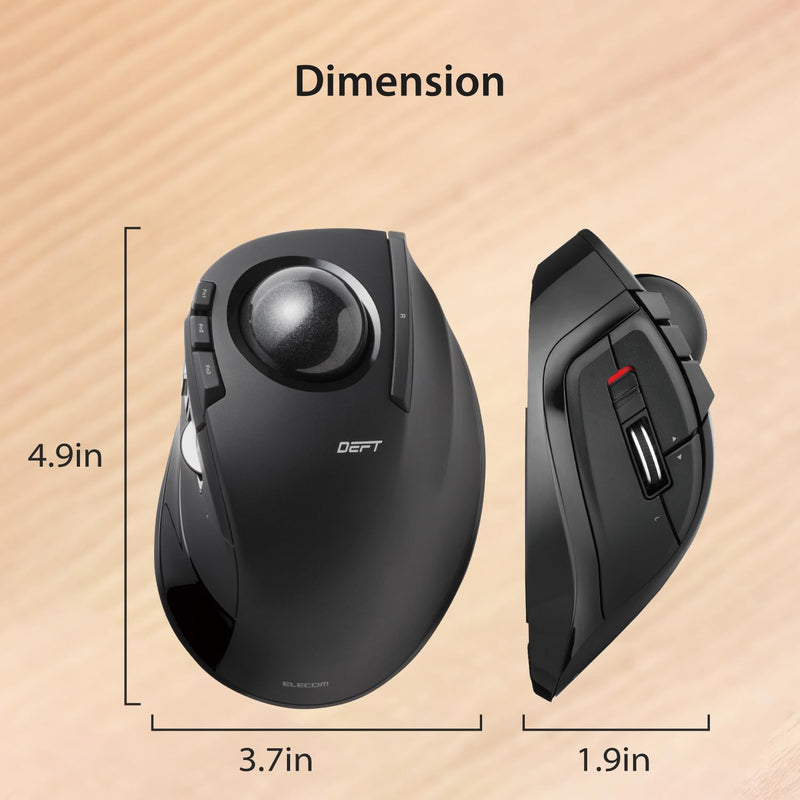 ELECOM DEFT Trackball Mouse, 2.4GHz Wireless, Finger Control, 8-Button Function with Smooth Tracking, Ergonomic Design, Optical Gaming Sensor, Windows11, macOS (M-DT2DRBK) Black / Black ball