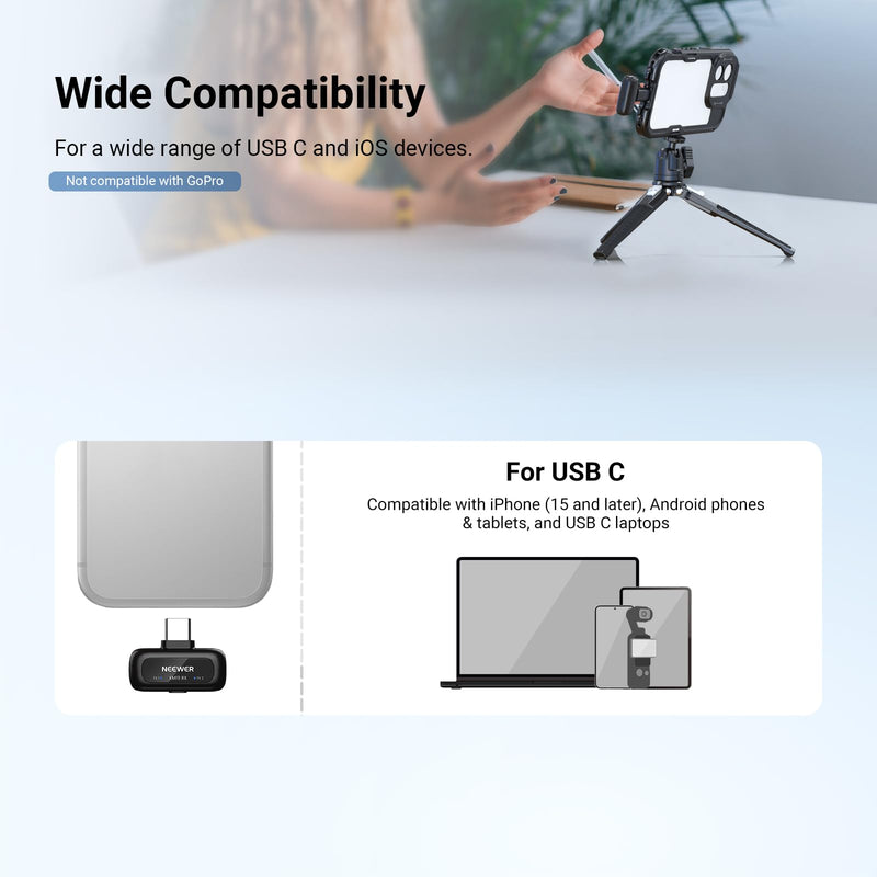 [AUSTRALIA] - NEEWER KM19 Lightweight Wireless Lapel Microphone, 48kHz/24bit 30H Battery 3-Level Noise Cancelling Mute Stereo 100m Range Mini Lav Mic with App Control, Compatible with iPhone Android Phone PC 