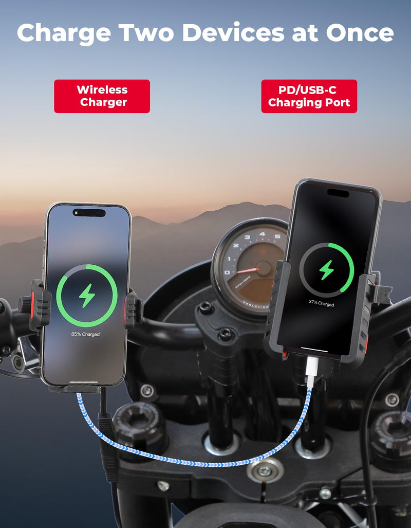 KEMIMOTO Anti-Theft Motorcycle Phone Mount with Qi 15W Wireless Charger | with 33W PD/USB-C Fast Charging Port, Anti-Vibration Dampener, One-Hand Operation, 360° Adjustable for 5.4''-7.2'' Cellphone