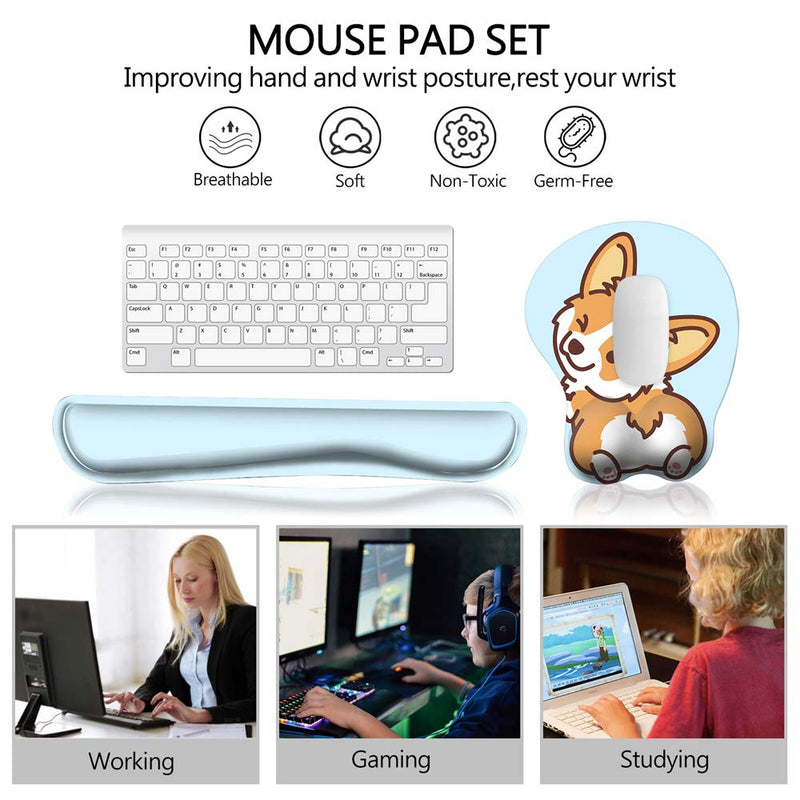 HAOCOO Keyboard Pad Wrist Rest and Gel Mouse Pad with Wrist Support,Ergonomic Corgi Mouse Pads with Non-Slip Backing Memory Foam Filled, Easy Typing &Pain Relief for Home Office Computer Laptop(Blue) Blue