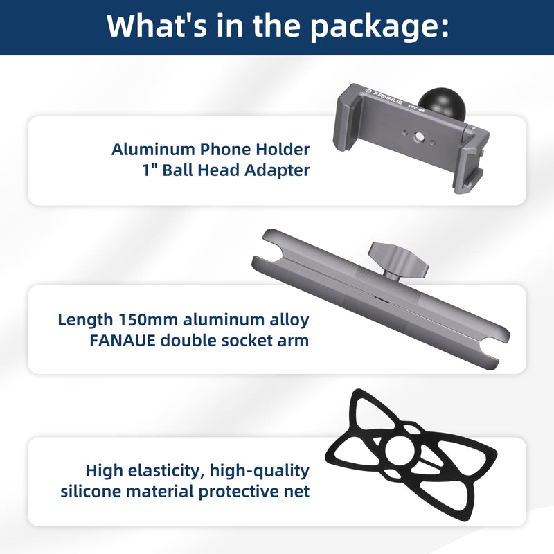 FANAUE Aluminum Phone Holder with 150mm Double Socket Arm Compatible with 6-8.5" Smartphone - with B Size 1" Ball Components for RAM Mounts