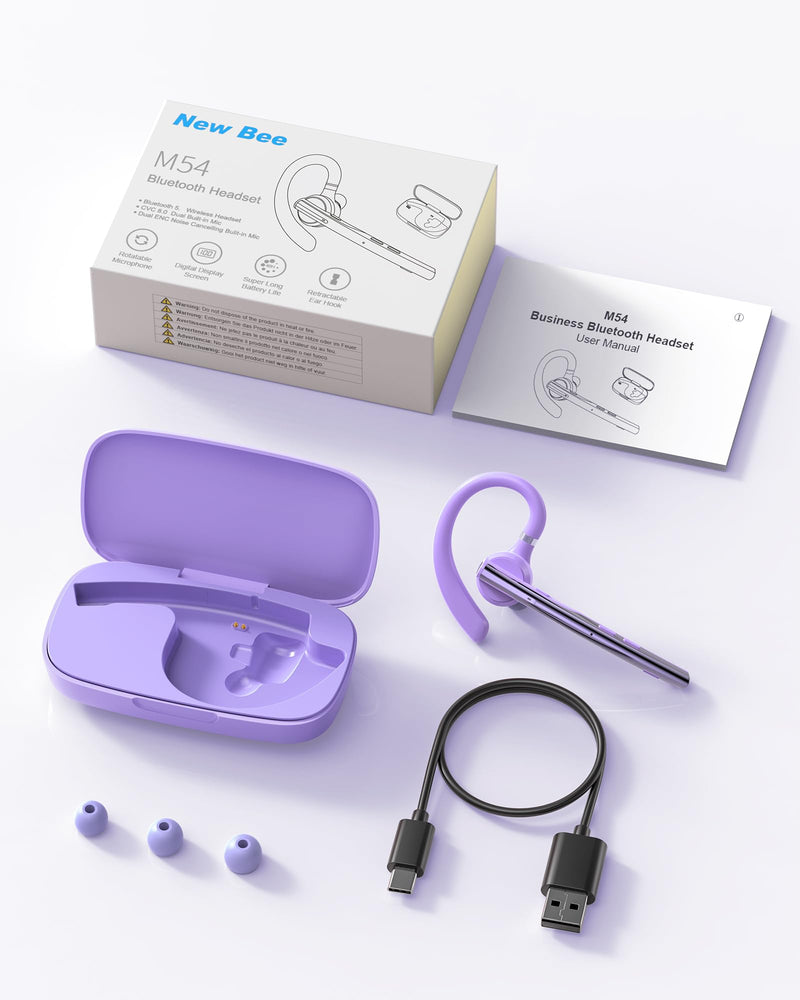 [AUSTRALIA] - New Bee Bluetooth Headset V5.1 72H Talk Dual Mic with Mute Button for Business, Wireless Hand-Free Bluetooth Earpiece with 500mAh Charging Case for Cell Phone Calls Trucker Driver Purple M54 