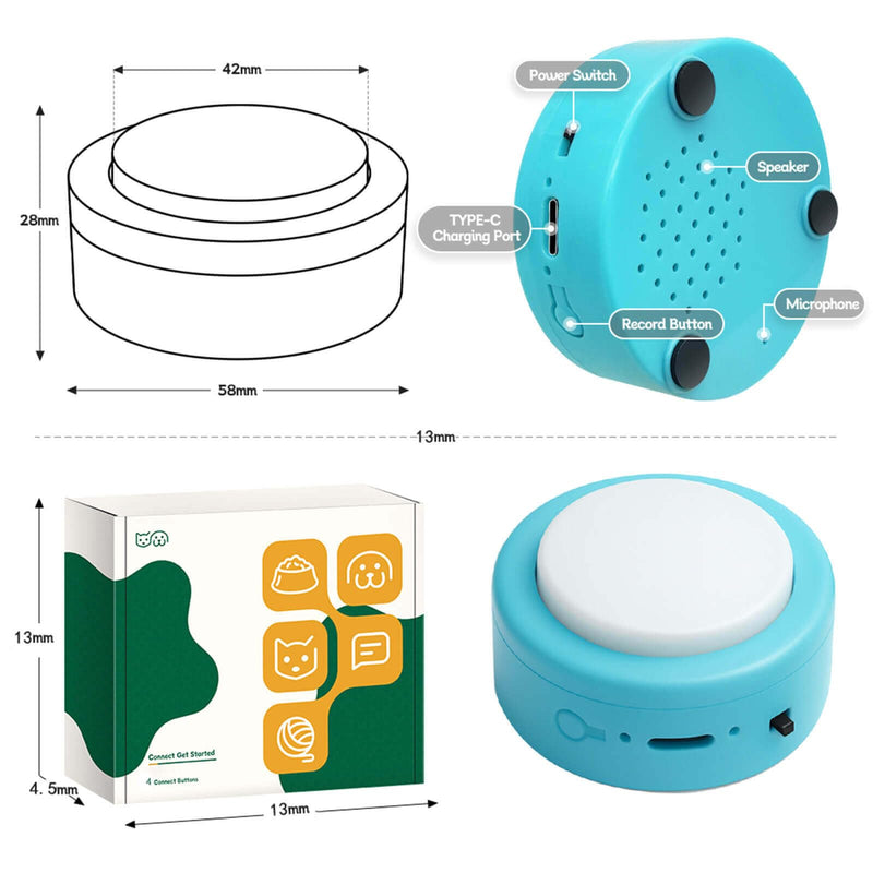 [AUSTRALIA] - Set of 4 Small Voice Recording Buttons, Loud Clear Dog Cat Recorder for Animal Communication, Blue Pet Training Talking Buzzer, Rechargeable 30s Record & Playback Starter Set for Home Office 