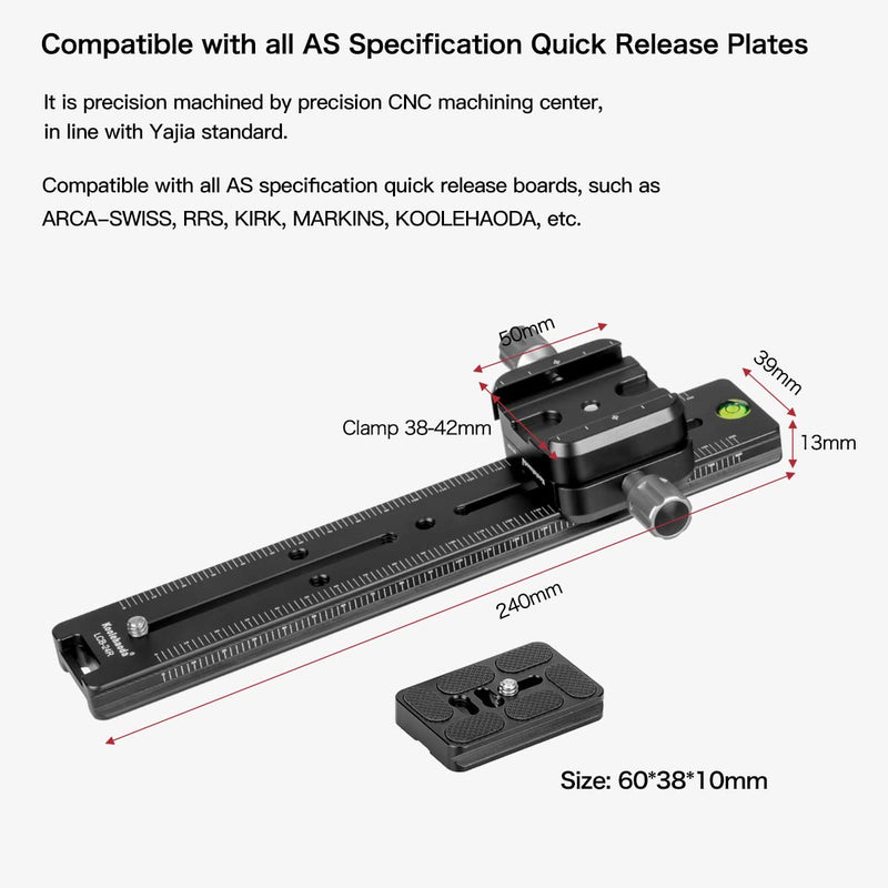 [AUSTRALIA] - Koolehaoda 240mm Professional Rail Nodal Slide Metal Quick Release Clamp,Dual Dovetail Camera Bracket Mount with Double-Sided Clamp can be Rotated 90°, for Camera with Arca Swiss Compatible 240mm Rail 