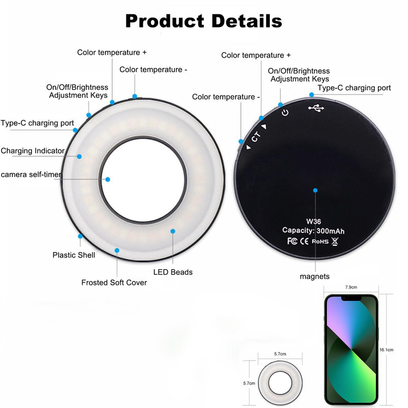 Mini Magnetic Selfie Light for iPhone - Rechargeable Cell Phone Selfie Light with 3 Light Modes/3 Brightness Levels Portable Phone Light for Video Recording/Selfies/TikTok/Live Streaming A model