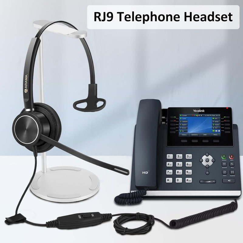 Arama Yealink Headset with Microphone Noise Cancelling, RJ9 Telephone Headsets for Office Phones Compatible with Yealink T20P T21P T26P T23G T46G T48G T42S T46S Avaya 1608 9608 9611 Grandstream Phones A810Y-Monaural