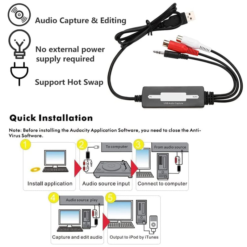 [AUSTRALIA] - USB Audio Capture Recorder Card Converts Turntable LP/Cassette Tape Audio to MP3/WAV Digital Music Converter Adapter, Support/Vista/7/8/8.1/10 and 