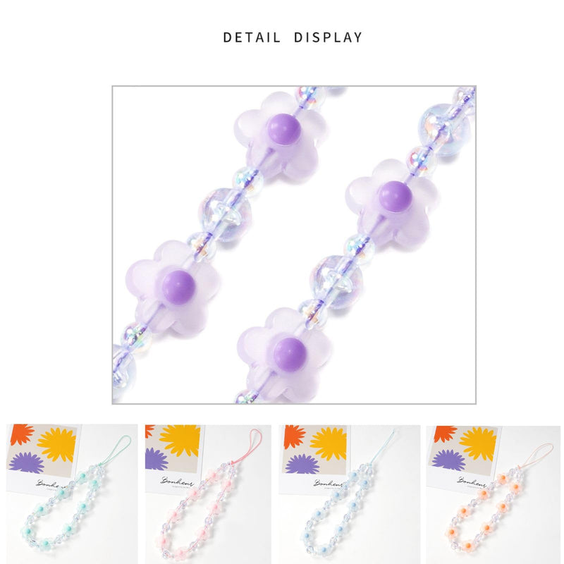 1-2 PCS Flower Beaded Mobile Phone Charms Lanyard Aesthetic Sweet Cute Phone Wrist Strap Anti-Lost Chain for Women Girls Pink C