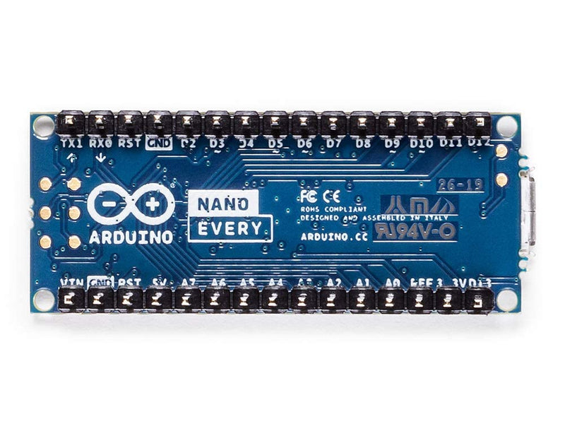 Arduino Nano Every with headers [ABX00033] – Compact ATmega4809 Microcontroller with Micro USB, 20 Digital I/O, 6 Analog Inputs, and Easy Prototyping for DIY Projects