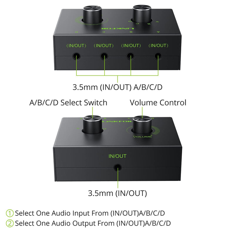 [AUSTRALIA] - LiNKFOR 4 Port 3.5mm Stereo Audio Switch, 4 Way Stereo Audio Selector, 4 Input 1 Output / 1 Input 4 Output Audio Splitter with Volume Control and 4 Channel Switch Knob 4 Ports 3.5mm 
