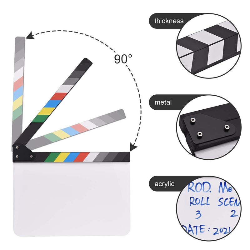 Andoer 30 x 24cm Acrylic Film Clapboard Movie Directors Clapper Board Slate Cut Action Scene Blank Clap Board Dry Erase with Multicolored Sticks