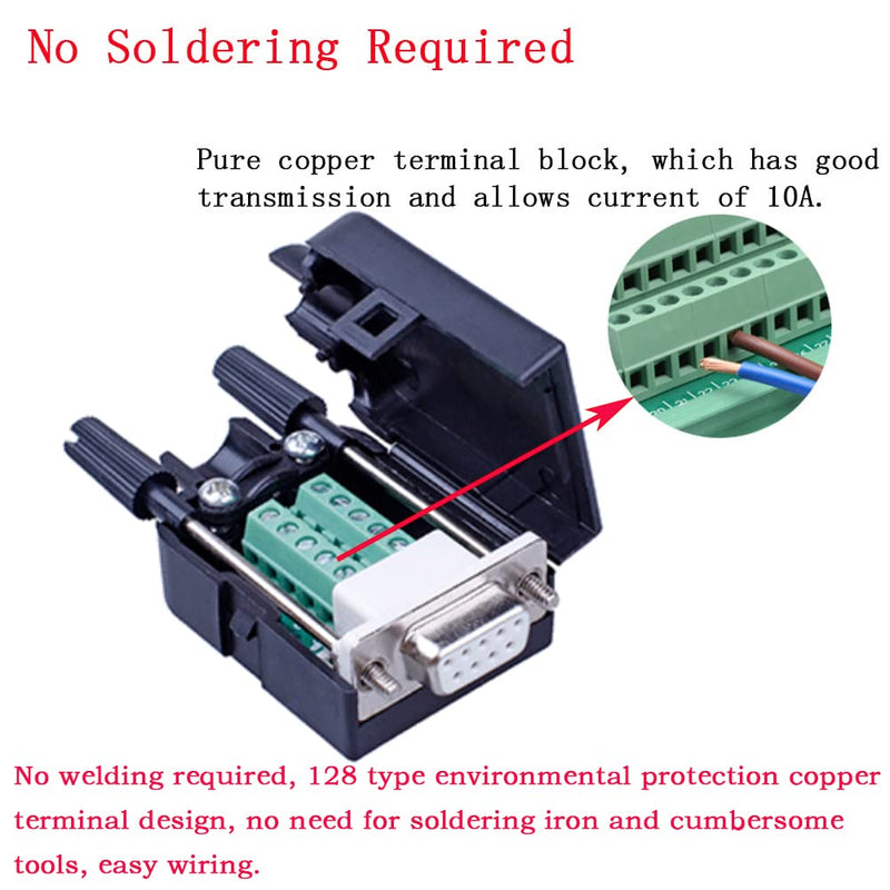 10PCS DB9 Female Breakout Connector,DB9 Solderless RS232 D-SUB Serial to 9-pin Port Terminal Adapter Connector Breakout Board with Case Long Bolts Tail Pipe 10PCS Female Adapter