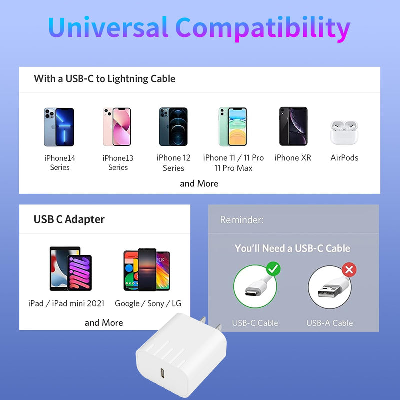 Wall Charger for iPhone 14 Pro Max iPhone 13 12 11 XSXR iPad 2 Pack 20W PD iPhone Charger with 2 Pack 6FT Type C iPhone Lightning Cable USB C Fast Charging USB C Power Adapter