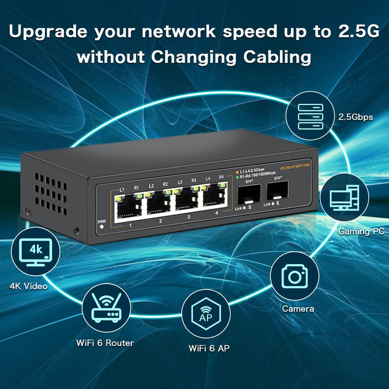 2.5G Unmanaged Ethernet Switch with 4 x 2.5G Base-T Ports and 2 x 10G SFP+ Uplink Ports, Compatible with 100/1000/2500Mbps, Fanlesss Design, Plug & Play, Metal 2.5Gb Network Switch 2.5G/6Ports