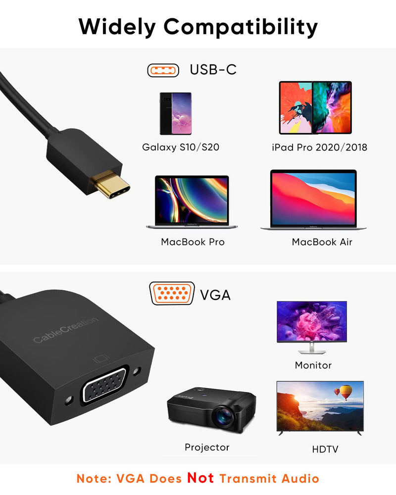 USB C to VGA Adapter 1080P@60Hz, CableCreation Type C to VGA Converter Thunderbolt 3/4 Compatible with MacBook Pro 2020/2018, Mac Mini, Surface Book 2, Dell XPS 13/15, iPad Pro 2020, Galaxy S20/S10 Black+Plastic Shell