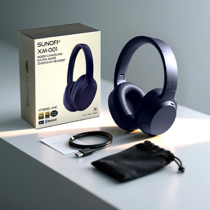 Hybrid Active Noise Cancelling Headphones, Wireless Over Ear Bluetooth Headphones with Mic, 40H Playtime, Hi-Res Audio, Deep Bass, Foldable Comfort Fit Ear Cups for Travel, Office, Home (Blue) Blue