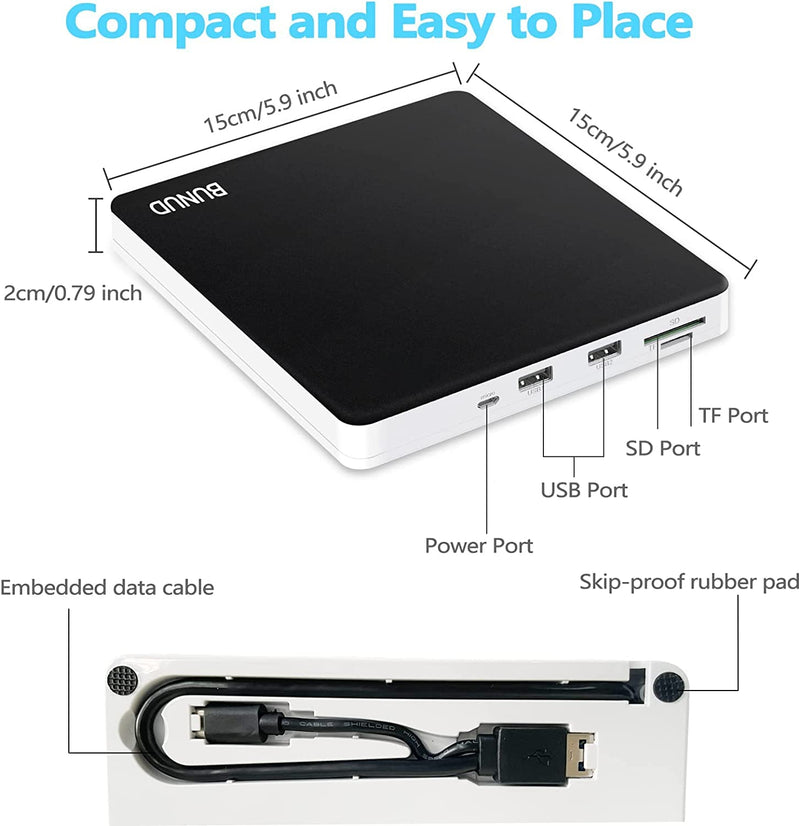 [AUSTRALIA] - BUNUD External DVD Burner USB-C: Portable DVD External Drive for Apple Superdrive with 2 USB and TF/SD Slots - Plug & Play CD Drive External for Mac Laptop Windows 11 Black 