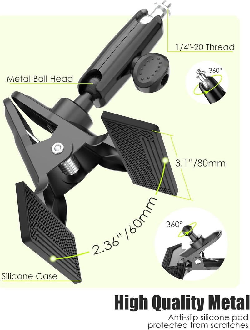 Charchendo Car Sun Visor Short Metal Arm Phone/GoPro Mount 4-7" | Bounce-Free View, Short Metal Arm, Multi Angle Adjustment, 1/4" Screw For GoPro, Fits iPhone 17 Pro Max, 4-7" Phones