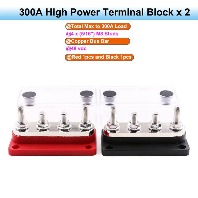 Bus Bar Copper 12V 300A Power Distribution Blocks 4X 5/16" (M8) Terminals Studs 12 Volt Marine Bus Bar Positive & Negative for Car Boat RV Automotive PV Solar System, Red& Black 2 Pack 300A 4X5/16"( M8) Black&Red