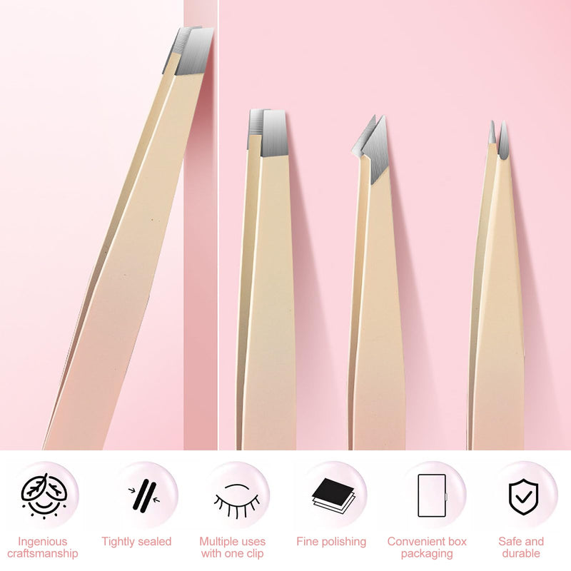 Hshenjhu Set of 4 Tweezers for Facial Hair for Women, Precision Tweezers with Travel Case, Tweezers with Mirror, Stainless Steel Tweezers for Eyebrows for Women and Men (Pink)