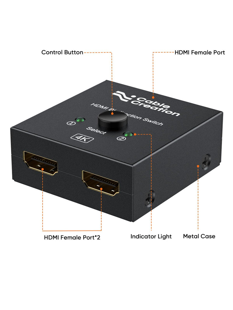 CableCreation HDMI Splitter 2 in 1 Out, 4K@60Hz HDMI Switch, Metal Case Bidirectional HDMI Switcher, HDMI Switch Box Compatible with PS5/4, Xbox, Roku, TV, Fire Stick, Blue-Ray Player etc