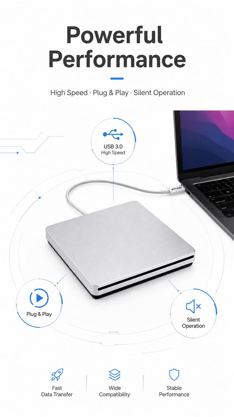 External CD DVD Drive USB-C Superdrive Portabl CD/DVD ROM Optical Drive Player Reader Writer Burner for MacBook Pro Windows 10 Laptop Desktop (Silver)