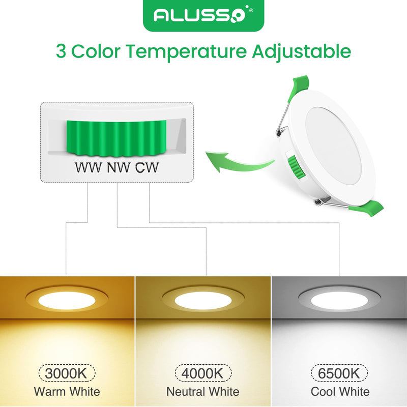 ALUSSO LED Recessed Spotlights, 230 V, 68 mm, Dimmable, 4 W, Ultra-Flat, 310 Lm, IP44, Warm White 3,000 K, Neutral White 4,000 K, Cool White 6,500 K, for Bathroom, Living Room, Set of 6. 4w White, Diameter 55-68 Mm Hole Size