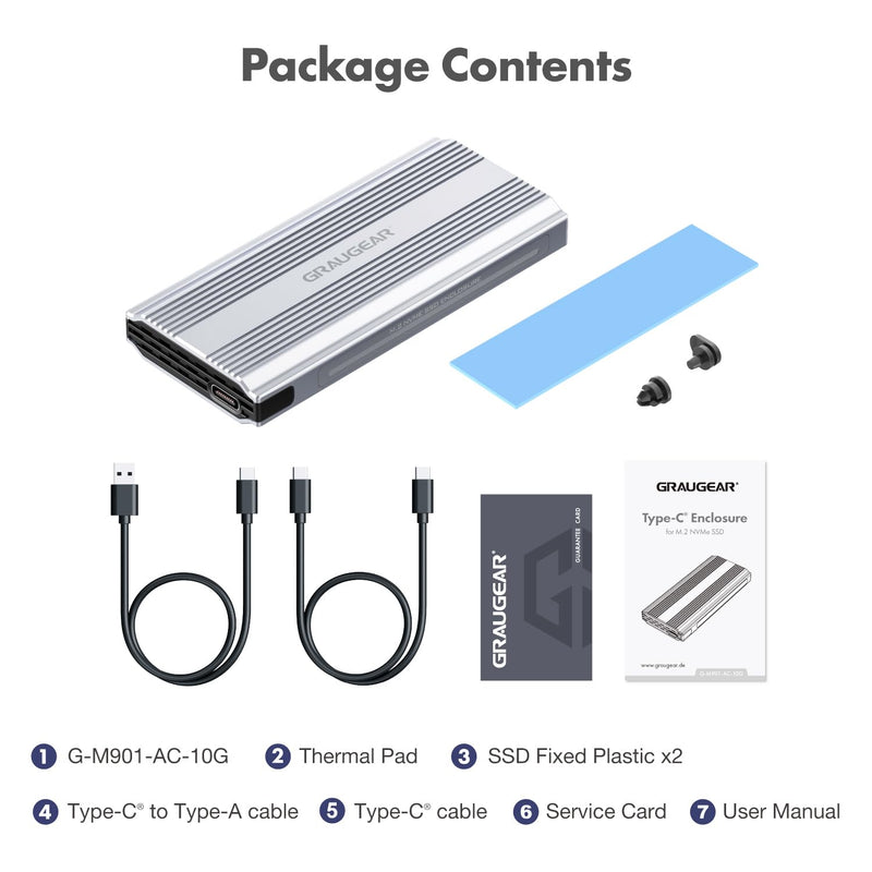 GRAUGEAR M.2 SSD NVMe Enclosure RGB, 10Gbps USB3.2 Gen2 Tool-Free Aluminum External M2 Solid State Drive NVMe Enclosure USB C, RTL9210 External Case for PCIe NVMe M-Key B+M Key [G-M901-AC-10G]