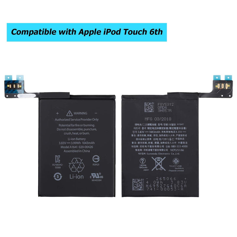 Li-ion Battery A1641 Compatible with iPod Touch 6th Gen 16GB 32GB 64GB A1574 iPod 7.1 020-00425 1043mah with Toolkit
