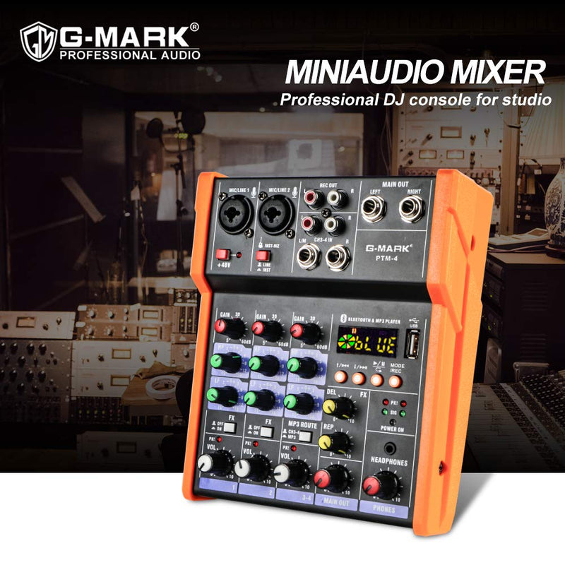 G-MARK Analog Mixer Audio 4 Channel DJ Audio Mixer Bluetooth Studio Karaoke For PC Live Performance KTV Home Stage Music Effects Sound Card Protable Mixing Console PTM-4