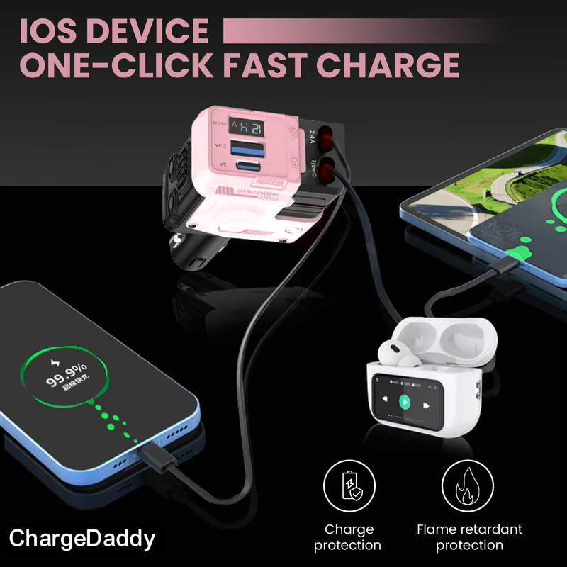 4-in-1 Retractable Car Charger, 120W Fast Charging, USB & Type-C Ports, Pink