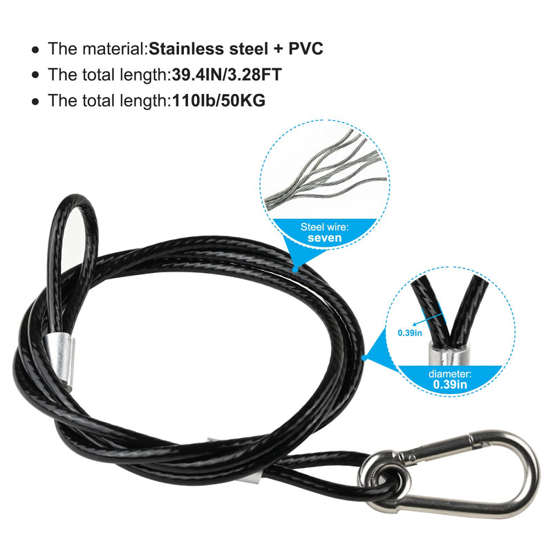 39.4" Safety Cable Black Coated Stainless Steel Security Cable with Carabiner Lock, 110lb Safety Rope for DJ Stage Light LED Par Light Moving Head Light Bicycle Luggage(4 PCS)
