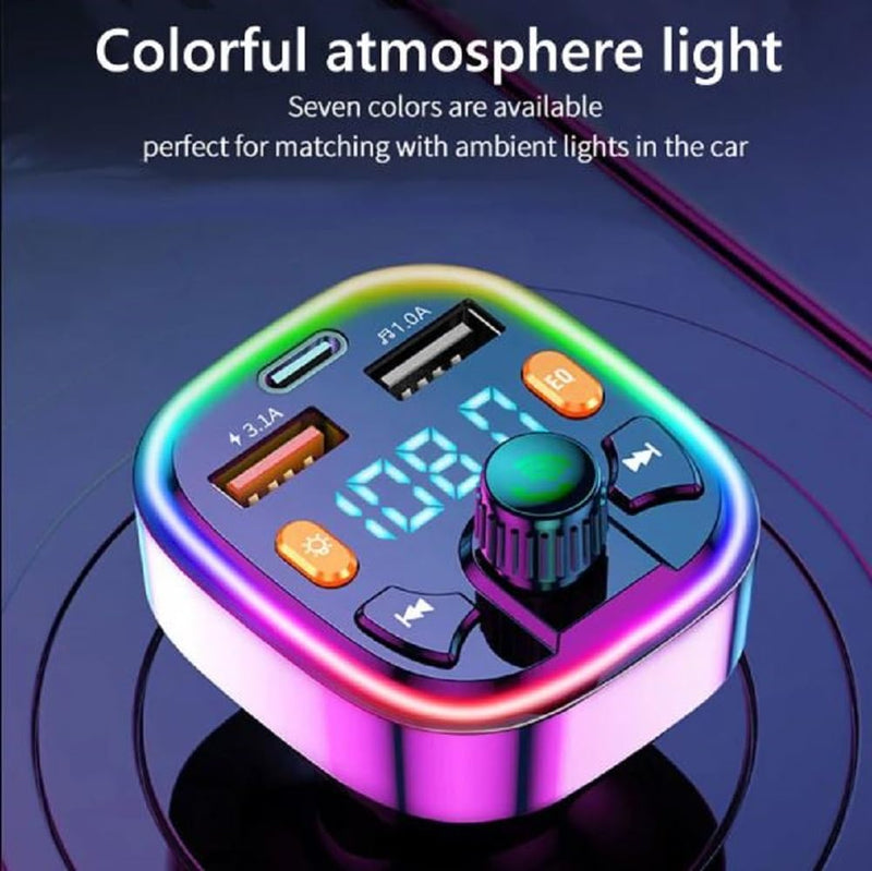 Bluetooth FM Transmitter for Car,Bluetooth Car Adapter with Dual USB Charging Car Charger MP3 Player Support TF Card & USB Disk,Hands Free Calling,7 Colors Led Backlit Light
