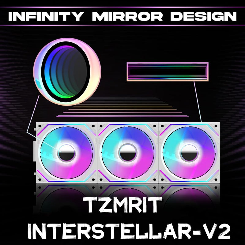 TZMRIT Interstellar-V2 Infinity Mirror ARGB PWM Fan 120 mm White, RGB Fan 120 mm, Triple Pack (White Reverse Flow) White Reverse Flow-V2