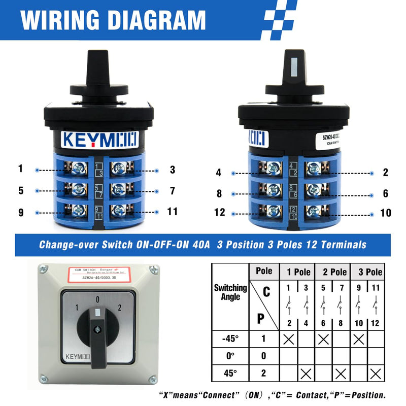 [AUSTRALIA] - 40A Rotary Changeover Switch With Exterior Box, 3 Position 3 Phase 12 Terminals, Universal Selector With AWG 12-10 Yellow Terminals, Cam Box IP65 40/D303.3D 