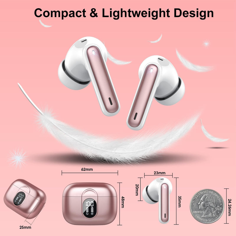 Wireless Earbuds, 2024 Bluetooth Headphones 5.3 HiFi Stereo Earphones, 40H Playtime in-Ear Earbud, Bluetooth Earbud with Dual Mic Call, IP7 Waterproof Earphones Sport Headset for iOS Rose